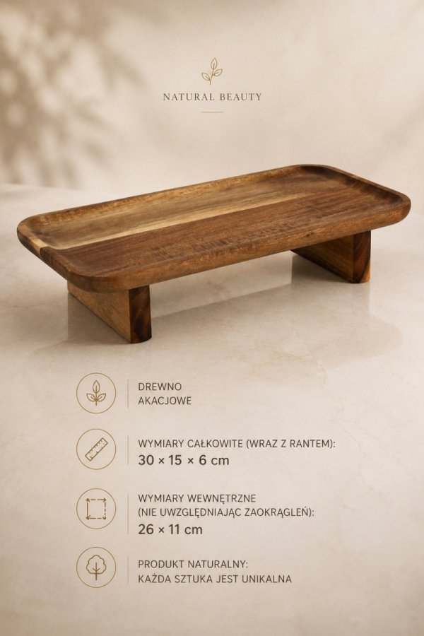 TACA DREWNIANA AKACJOWA 30x15 cm NA NÓŻKACH DESKA DO SERWOWANIA