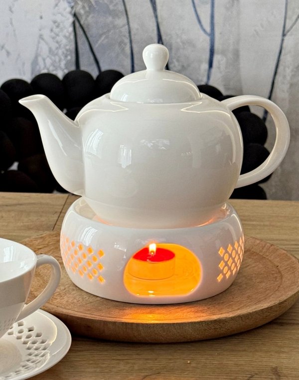 Ceramiczny DZBANEK 1L ZAPARZACZ do herbaty SITKO + PODGRZEWACZ ZESTAW