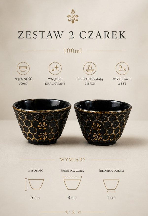 ŻELIWNE CZARKI filiżanki do herbaty ZESTAW 2 sztuk 100ml zdobione