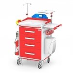 Wózek reanimacyjny REN-04/ST: szafka z 4 szufladami, blat boczny wysuwany, pojemnik na zużyte igły, koszyk, kosz kolanowy, kroplówka, półka pod defibrylator, uchwyt do butli, deska do RKO 