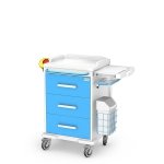 Wózek anestezjologiczny ANS-03/ABS: szafka z 3 szufladami blat boczny wysuwany, nadstawka 11 poj., miska, pojemniki na rękawiczki i na zużyte igły, kroplówka, koszyk, kosz na odpady