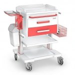 Wózek oddziałowy proceduralny OPTIMUM OP-2ABS: szafka z 2 szufladami, blat ABS, półka, koszyk, pojemniki na rękawiczki i na narzędzia, kosz na odpady