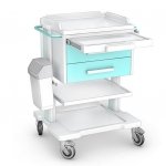 Wózek oddziałowy proceduralny OPTIMUM OP-2ABSb: szafka z 2 szufladami, blat ABS, blat roboczy lakierowany wysuwany z przodu, półka, kosz na odpady