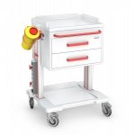 Wózek oddziałowy proceduralny OPTIMUM OP-2ABS: szafka z 2 szufladami, blat ABS, listwa zasilająca, pojemnik na zużyte igły