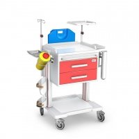 Wózek reanimacyjny OPTIMUM OR-2ABS: szafka z 2 szufladami, półka pod defibrylator, pojemniki na narzędzia, na zużyte igły i na cewniki, kroplówka, uchwyt do worka na odpady z pokrywą z ABS, uchwyt do butli, deska do RKO 