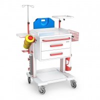 Wózek reanimacyjny OPTIMUM OR-2ABS: szafka z 2 szufladami, koszyk, pojemnik na zużyte igły, listwa zasilająca, kroplówka, uchwyt do worka na odpady z pokrywą z ABS, półka pod defibrylator, uchwyt do butli, deska do RKO  