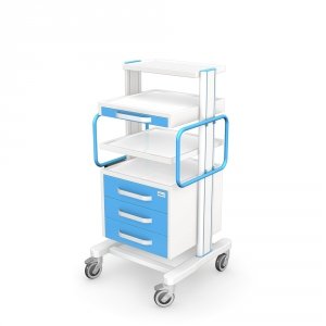 Wózek pod aparaturę medyczną APAR-2 typ AR120-2: 2 półki z pogłębieniem, szuflada z wysuwaną półką pod klawiaturę, szafka z 3 szufladami, 2 uchwyty do prowadzenia