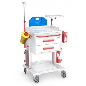 Wózek reanimacyjny OPTIMUM OR-2ABS: szafka z 2 szufladami, pojemniki na rękawiczki i na zużyte igły, listwa zasilająca, kroplówka, półka pod defibrylator, uchwyt butli, deska do RKO 