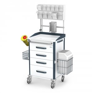 Wózek Vital anestezjologiczny AVIT-50: blat ABS z bandami, szafka z 5 szufladami, nadstawka na 11 poj. (5+6), 5 szyn, pojemnik na zużyte igły, koszyk na cewniki, kroplówka