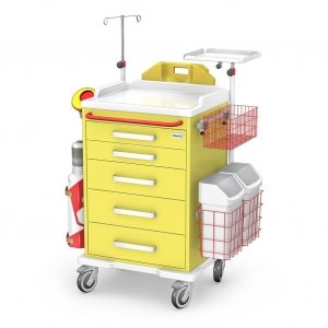 Wózek reanimacyjny REN-05/ABS: szafka z 5 szufladami, koszyk, pojemnik na zużyte igły, kroplówka, 2 kosze na odpady, półka pod defibrylator, uchwyt do butli, deska do RKO