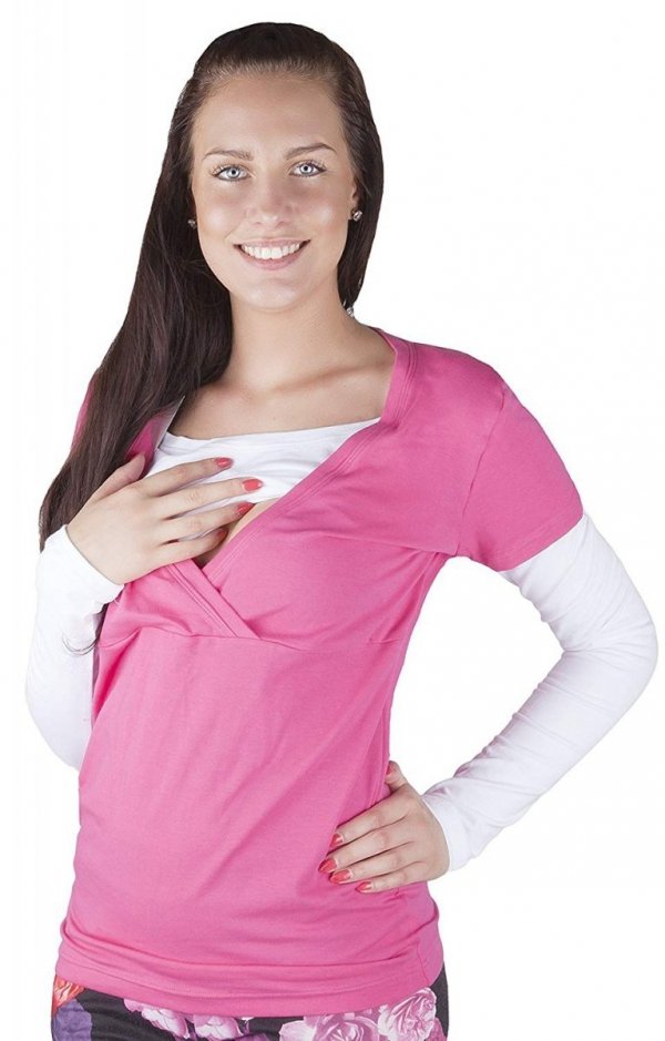 Wygodna bluzka 2 w1 ciążowa i do karmienia „Mija” długi rękaw 9016 różowy/ biały 1