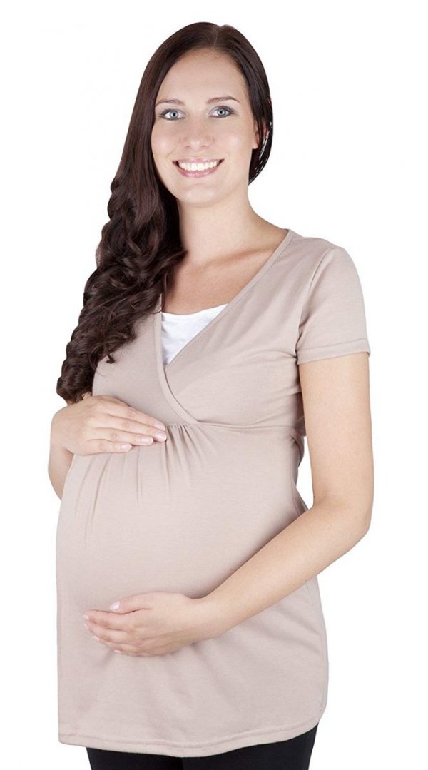 MijaCulture - bluzka ciążowa 2w1 ciążowa i do karmienia krótki rękaw „ Dora” 7104 beż 1