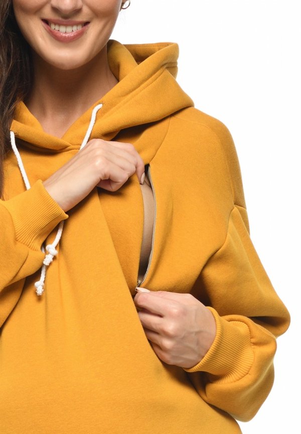 MijaCulture - 3 w 1 ciepła bluza ciążowa i do karmienia z kapturem „Naomi” M016 musztarda