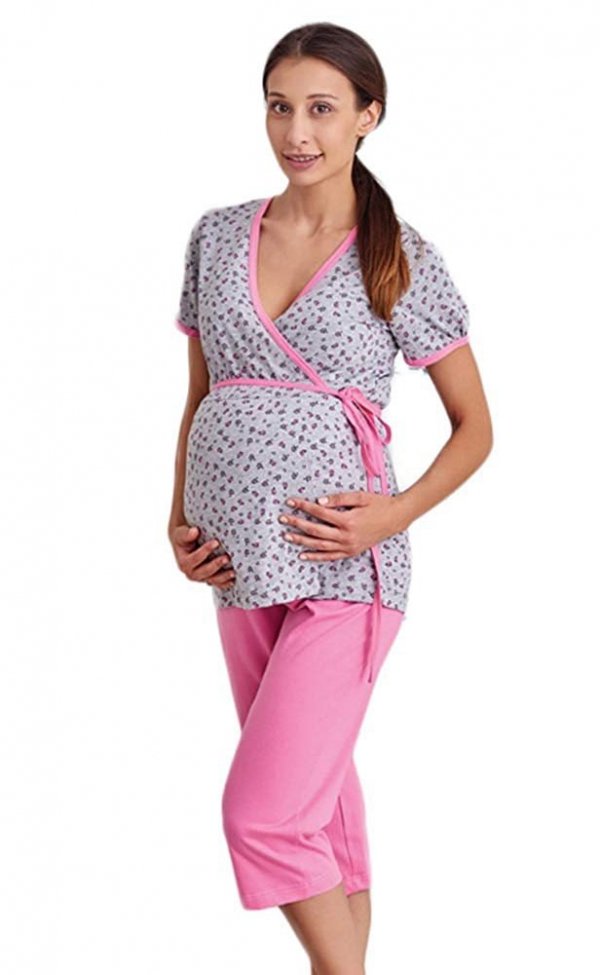 Urocza piżama 2 w 1 ciążowa i do karmienia 5001/645 różowy/kwiaty