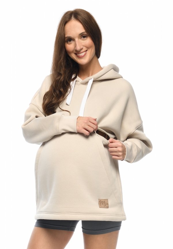 MijaCulture - 3 w 1 ciepła bluza oversize ciążowa i do karmienia z kapturem „Megan ” M0121 Beżowa