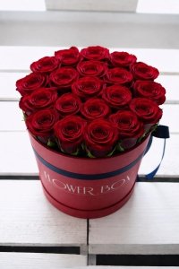 Czerwone żywe róże w średnim czerwonym boxie