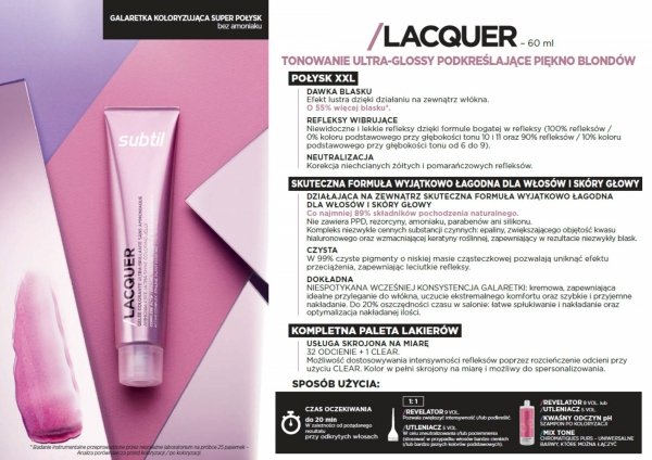 LACQUER 8,11 SUBTIL LACQUER XXL SHINE Profesjonalny Toner Kwasowy z efektem lustrzanego blasku  Subtil 60 ml.