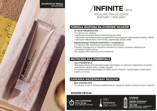 Profesjonalna Farba do włosów Subtil BEZ AMONIAKU trwale kryjąca 60 ml. INFINITE - Châtain clair doré irisé 5,32