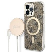 Guess Bundle Pack MagSafe 4G - Zestaw etui + ładowarka MagSafe iPhone 13 Pro (brązowy/złoty) 