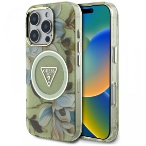 Guess Glitter Flowers Triangle Buttons MagSafe - Etui do iPhone 16 Pro Max (zielony)