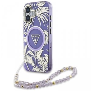Guess Palm Trees Triangle Pearl Strap MagSafe - Etui do iPhone 16 (fioletowy)