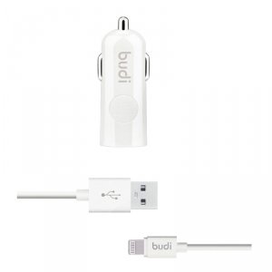 Budi - Ładowarka samochodowa USB + kabel Lightning (Biały)