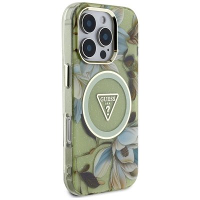 Guess Glitter Flowers Triangle Buttons MagSafe - Etui do iPhone 16 Pro Max (zielony)