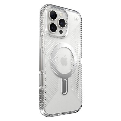 Speck Presidio Perfect-Clear Grip ClickLock & MagSafe - Etui iPhone 16 Pro Max (Clear / Chrome Finish / Serene Silver)