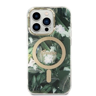 Guess Bundle Pack MagSafe IML Jungle - Zestaw etui + ładowarka MagSafe iPhone 14 Pro (khaki/złoty)