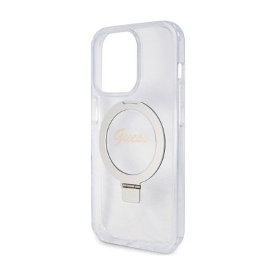 Guess Ring Stand Script Glitter MagSafe - Etui iPhone 15 Pro (przezroczysty)