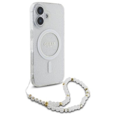 Guess IML Glitter With Pearl Strap MagSafe - Etui iPhone 16 Plus (przezroczysty)
