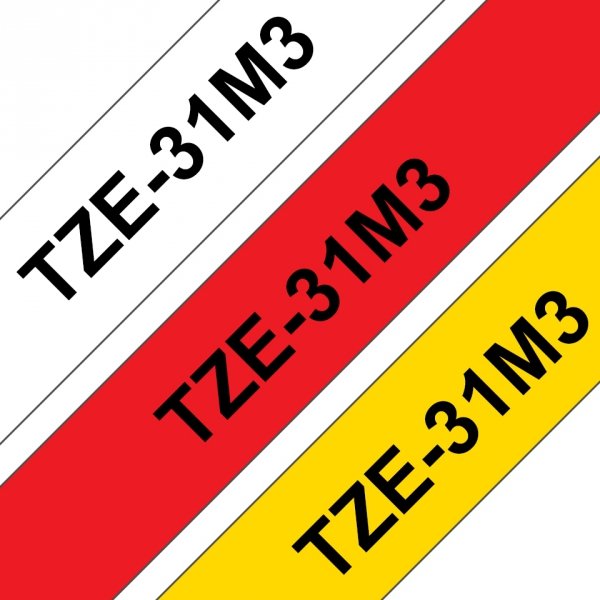 Taśma Brother TZE-31M3, czarny druk/czerwony, biały, żółty podkład, laminowane, 8m, 12mm,
