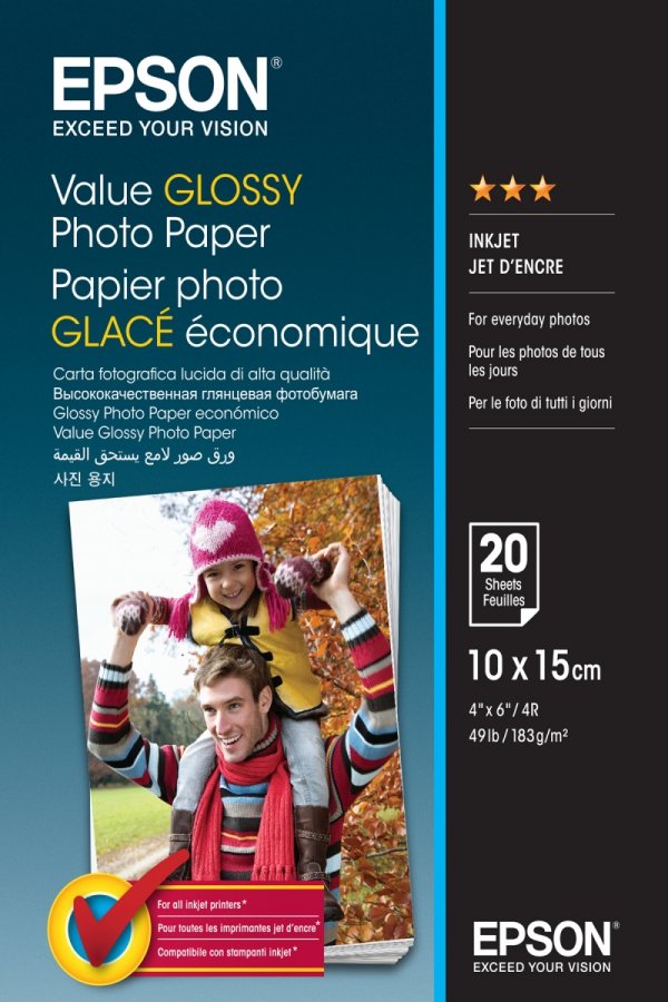 Epson Value Glossy Photo Paper, foto papier, połysk, biały, 10x15cm, 183 g/m2, 20 szt., C13S400037, atrament