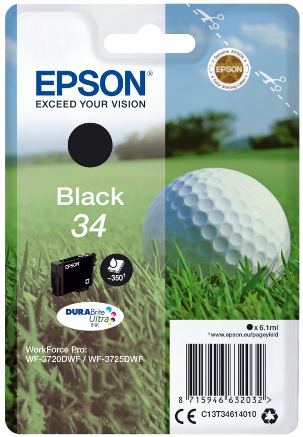 Tusz EPSON C13T34614020, T346140, black, z zabezpieczeniem, 6.1ml, Epson WF-3720DWF, 3725DWF