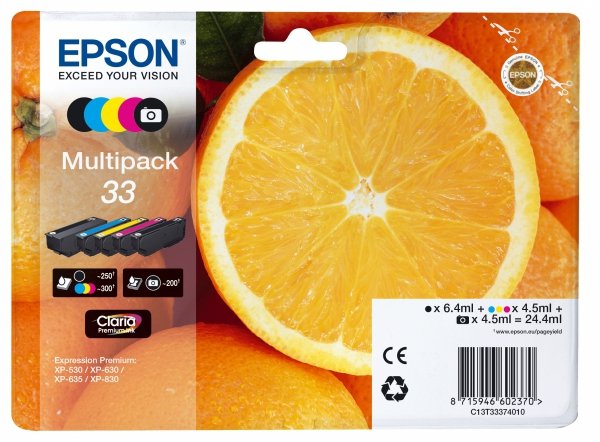 Tusz EPSON C13T33374011, T33, CMYK, 6,4/4x4,5ml, Epson Expression Home a Premium XP-530,630,635,830