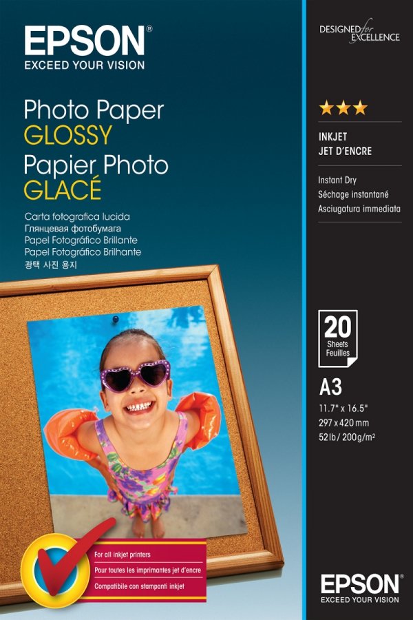 Epson Glossy Photo Paper, foto papier, połysk, biały, Stylus Color, Photo, Pro, A3, 200 g/m2, 20 szt., C13S042536, atrament