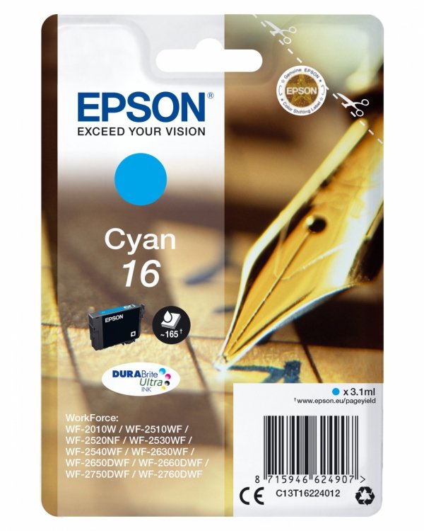 Tusz EPSON C13T16224022, T162240, cyan, 3.1ml, Epson WorkForce WF-2540WF, WF-2530WF, WF-2520NF, WF-2010