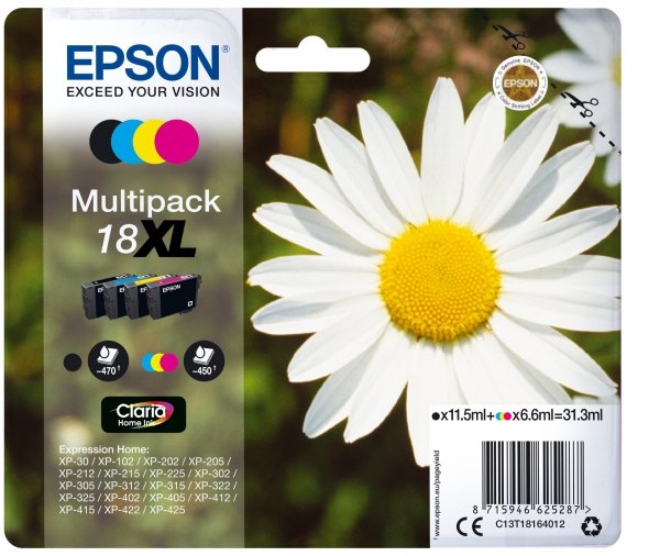 Tusz EPSON C13T18164012, T181640, 18XL, CMYK, 3x6,6/11,5ml, Epson Expression Home XP-102, XP-402, XP-405, XP-302
