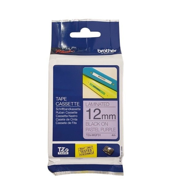 Taśma Brother TZE-MQF31, czarny druk/fioletowy podkład, 4m, 12mm, pastelovĂ˝ podklad TZEMQF31