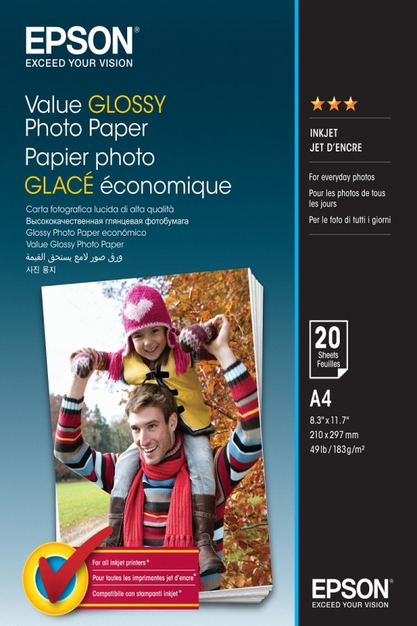 Epson Value Glossy Photo Paper, foto papier, połysk, biały, A4, 183 g/m2, 20 szt., C13S400035, atrament