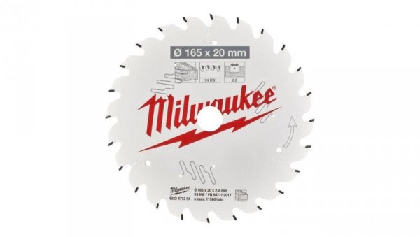 Tarcza pilarska do drewna 165x20mm x 2,2mm 24 zęby ATB MILWAUKEE