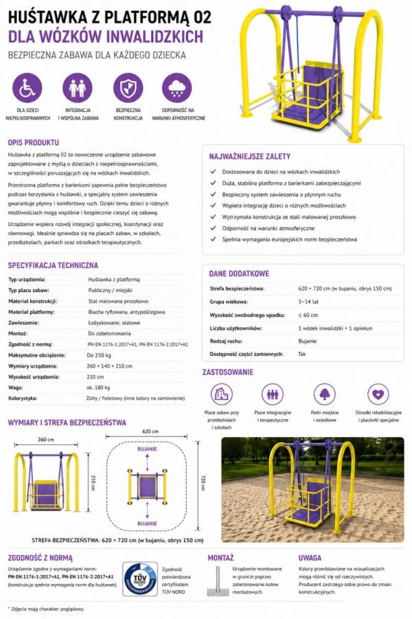 Huśtawka integracyjna z platformą – karta techniczna, PN-EN 1176, urządzenie dla niepełnosprawnych