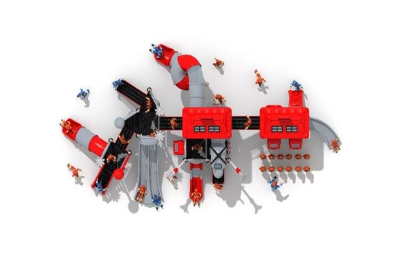 Plac zabaw Straż 02 – układ zestawu z góry i strefa zabawy