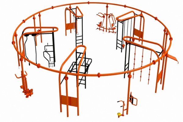 Siłownia zewnętrzna wielostanowiskowa 360° – układ okrągły z elementami fitness