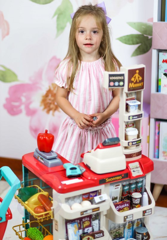 WOOPIE Sklep Supermarket z Wózkiem Sklepowym Waga Kasa Skaner + 48 Akc.