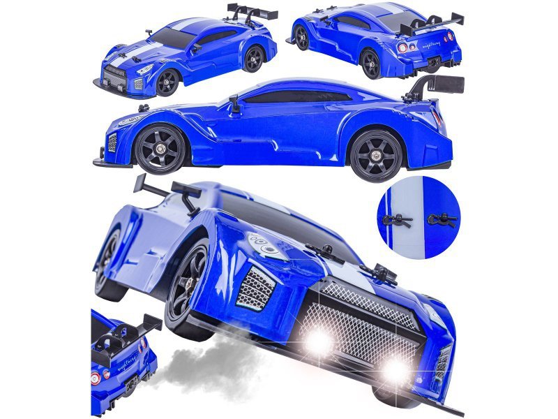 DUŻY Samochód Do Driftu Auto RC Drift 1:16 2,4 GHz PARA DYM 4WD Niebieski Nissan GTR LED