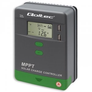 Qoltec Solarny regulator ładowania MPPT z czujnikiem temperatury 10A |  12V/24V | LCD | 2xUSB | GEL | LiFePO4