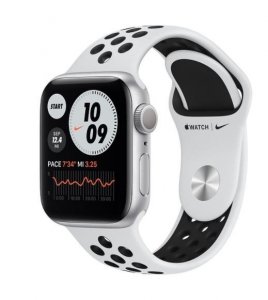 Apple Zegarek Nike Series 6 GPS, 40mm koperta z aluminium w kolorze srebrnym z paskiem sportowym  czysta platyna/czarny Nike - R