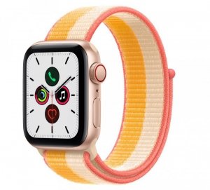 Apple Apple Watch SE GPS + Cellular, 44mm koperta z aluminium w kolorze złotym z opaską sportową w kolorze jesienny liść/biały