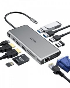 AUKEY CB-C78 aluminiowy HUB USB-C | 12w1 | RJ45 Ethernet 10/100/1000Mbps | 2xUSB 3.1 | 2xUSB 2.0 | 2xHDMI 4k@30Hz | VGA | SD i m